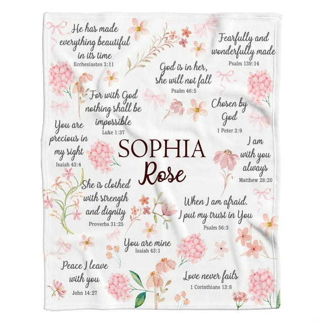 Flat product mockup displaying watercolor pink hydrangeas, pastel bows, and biblical verses on white.