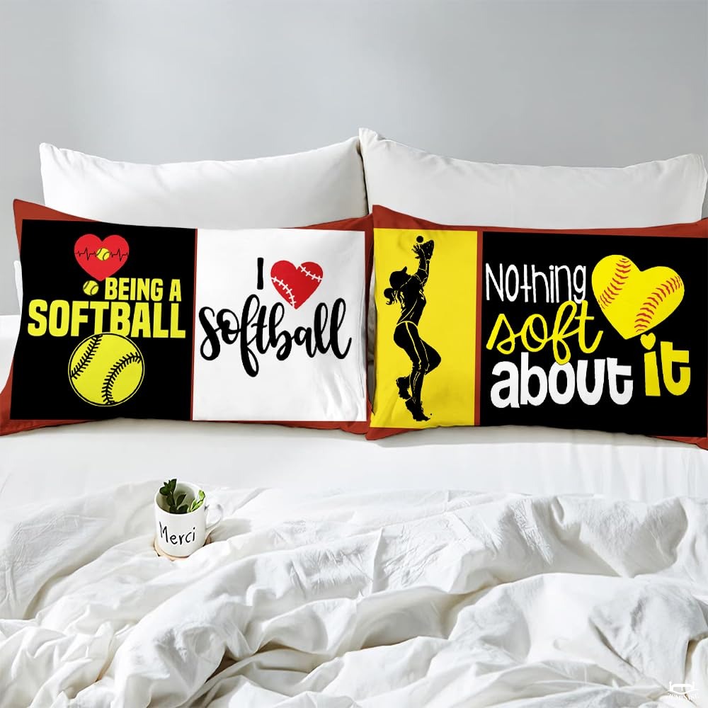 Softball Bedding Set for Softball Lover Ball Sports Theme Bedding Twin Comforter Set Girls Women Bright Teal Yellow Room Decorative Comforter Set - Twin,Queen,King Size Set Bed