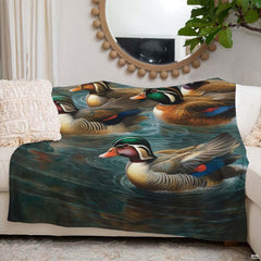 Wood duck sheets visual design arranged with nature inspired bedroom decor and warm wooden accents.