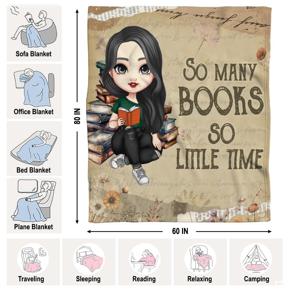 Personalized Dark Haired Girl Reading Book Throw Blanket - Book Lover