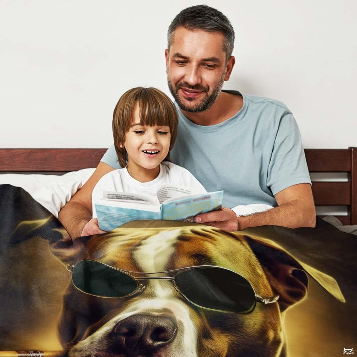 Pitbull dog bed styled graphic art showcasing a bold pup in shades and metallic chain accessory on bedding.