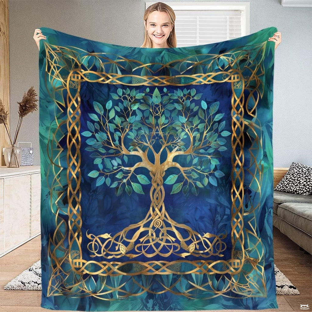 Golden Celtic Tree of Life motif on gold teal bedding set with intricate knotwork on deep emerald green.