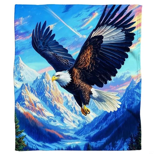 Detailed view of bald eagle with wide wingspan over twilight alpine scenery decor.