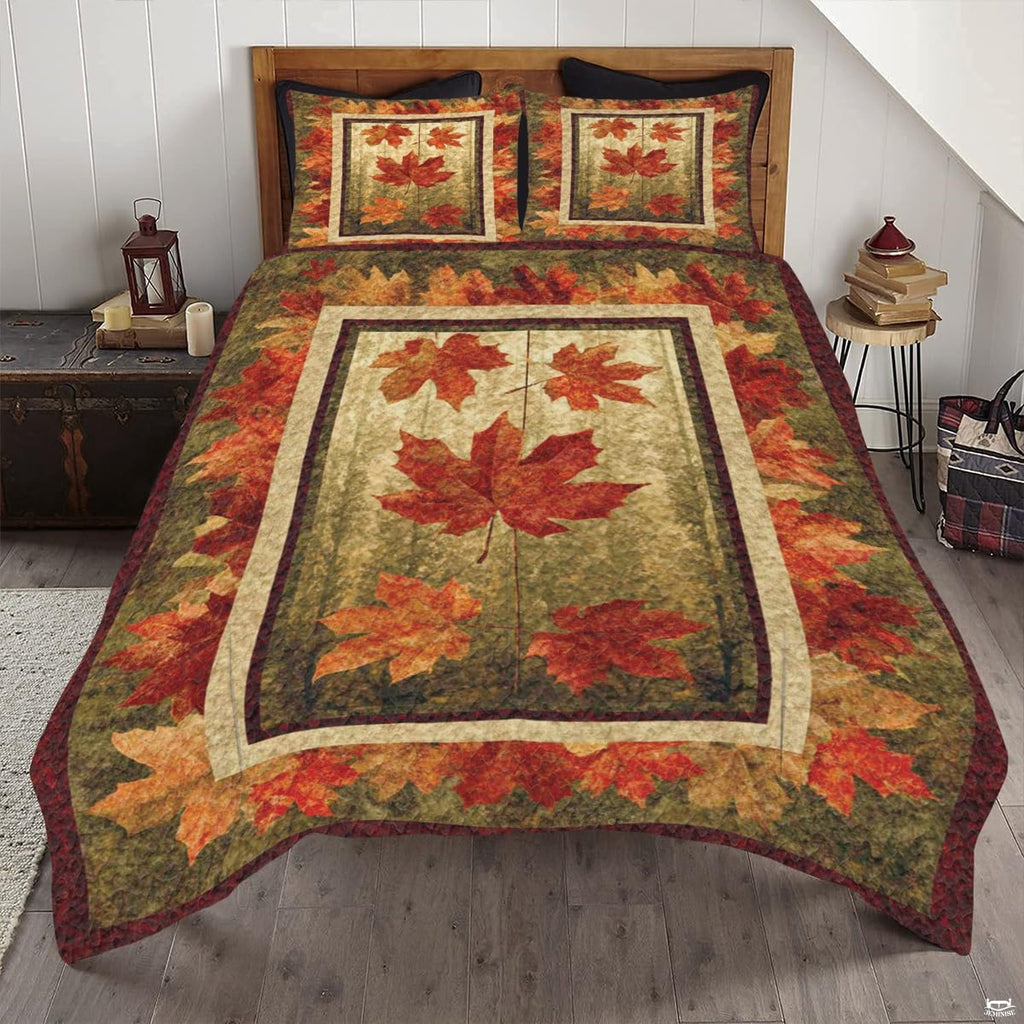 Rosewood and sienna autumn foliage bedding set featuring painterly fall leaves and harvest botanical artwork