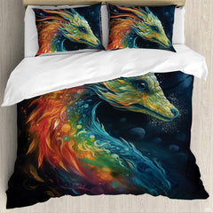 Matching pillowcase detail for dragon bedding set showcasing rainbow celestial dragon profile on black background