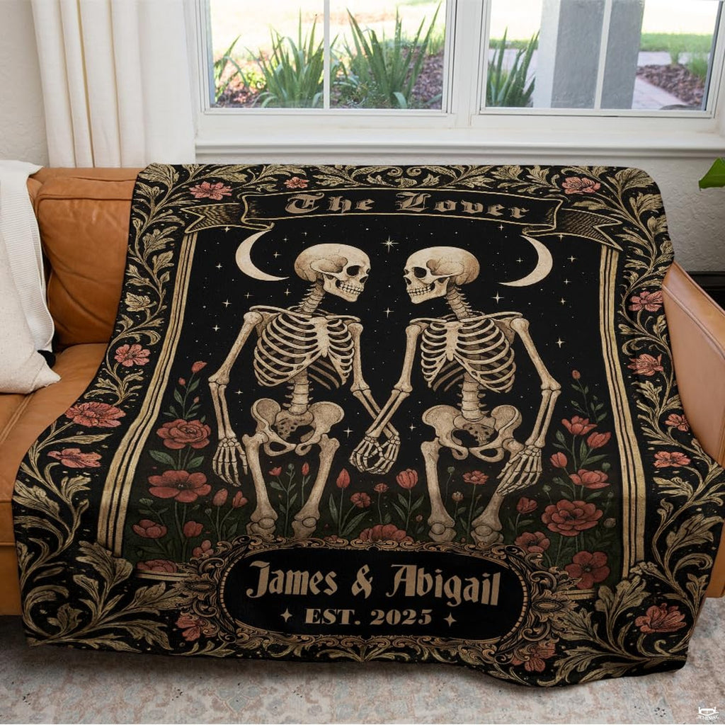 Gothic skeleton couple throw blanket view 5 highlighting red poppies, gold frame, and starry sky