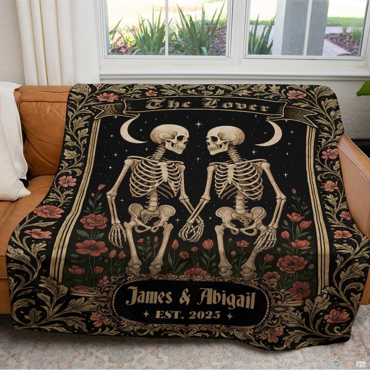 Gothic skeleton couple throw blanket view 5 highlighting red poppies, gold frame, and starry sky