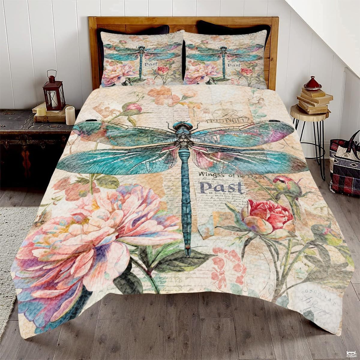 Teal dragonfly floral bedding in a bright bedroom