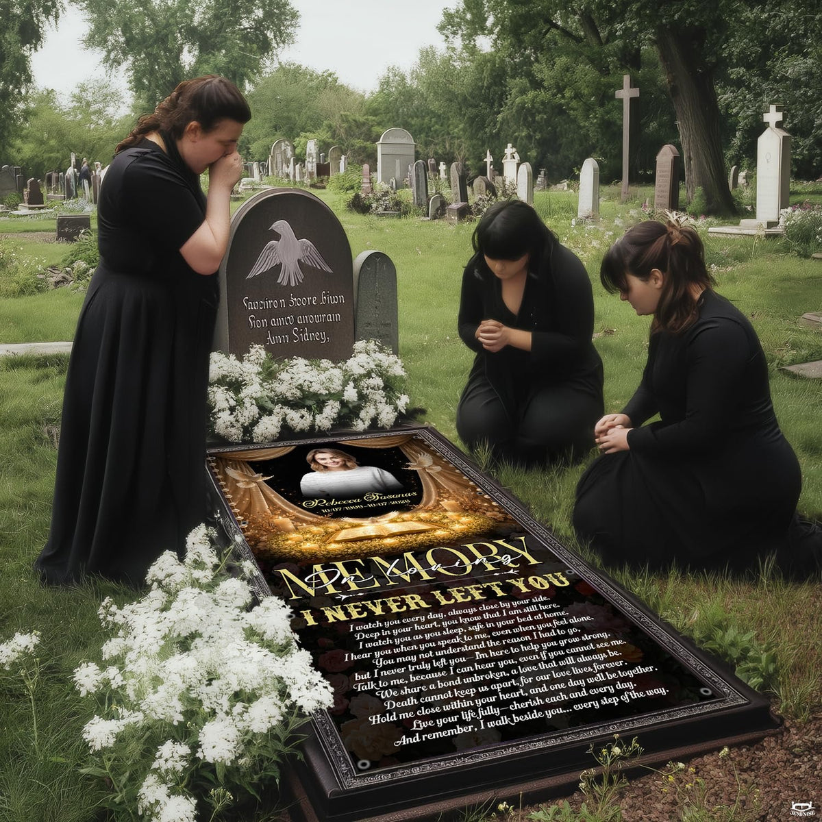 Folded memorial throw blanket displaying the central portrait vignette and glowing candlelight