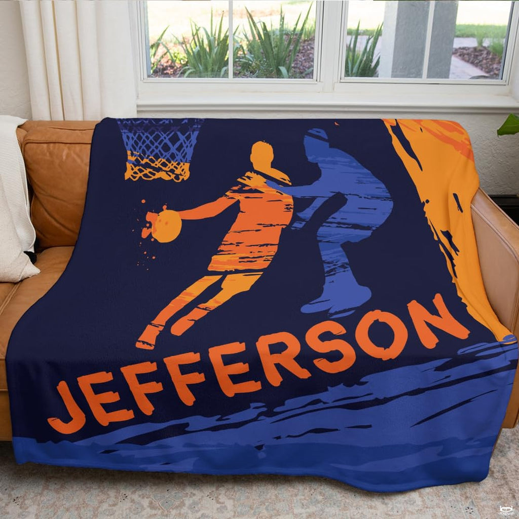 Modern bedroom styling featuring energetic basketball player graphics and hoop artwork.
