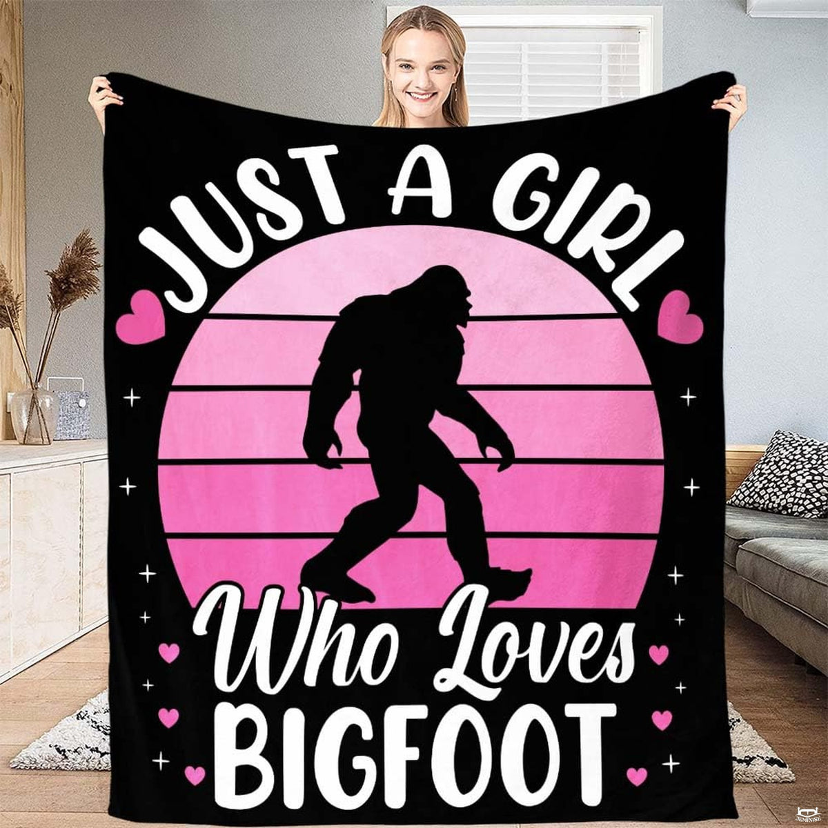 Walking Bigfoot silhouette inside pink striped sunset with hearts and typography, view 1.