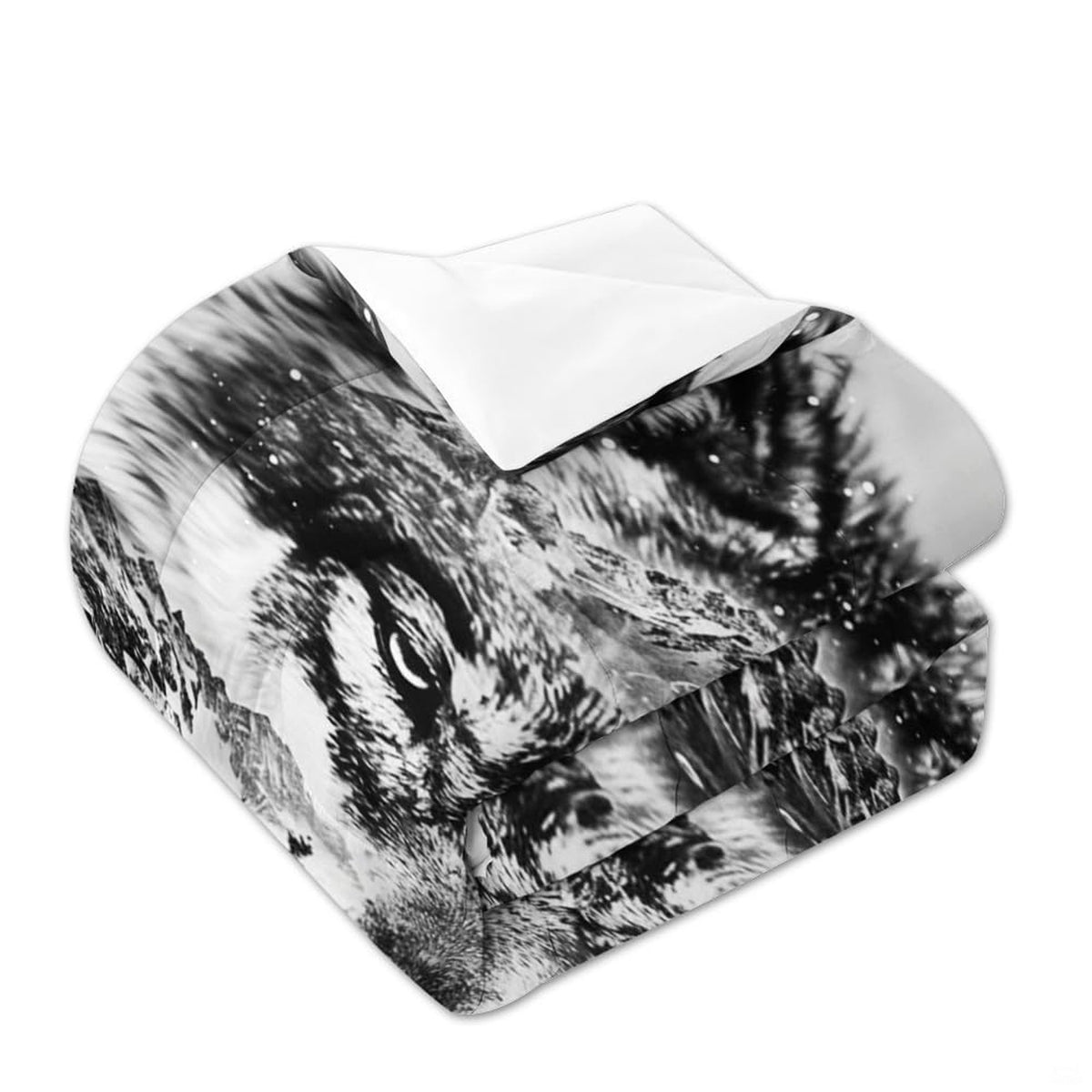 Folded bedding with wolf eye, mountain overlay, and plain white reverse