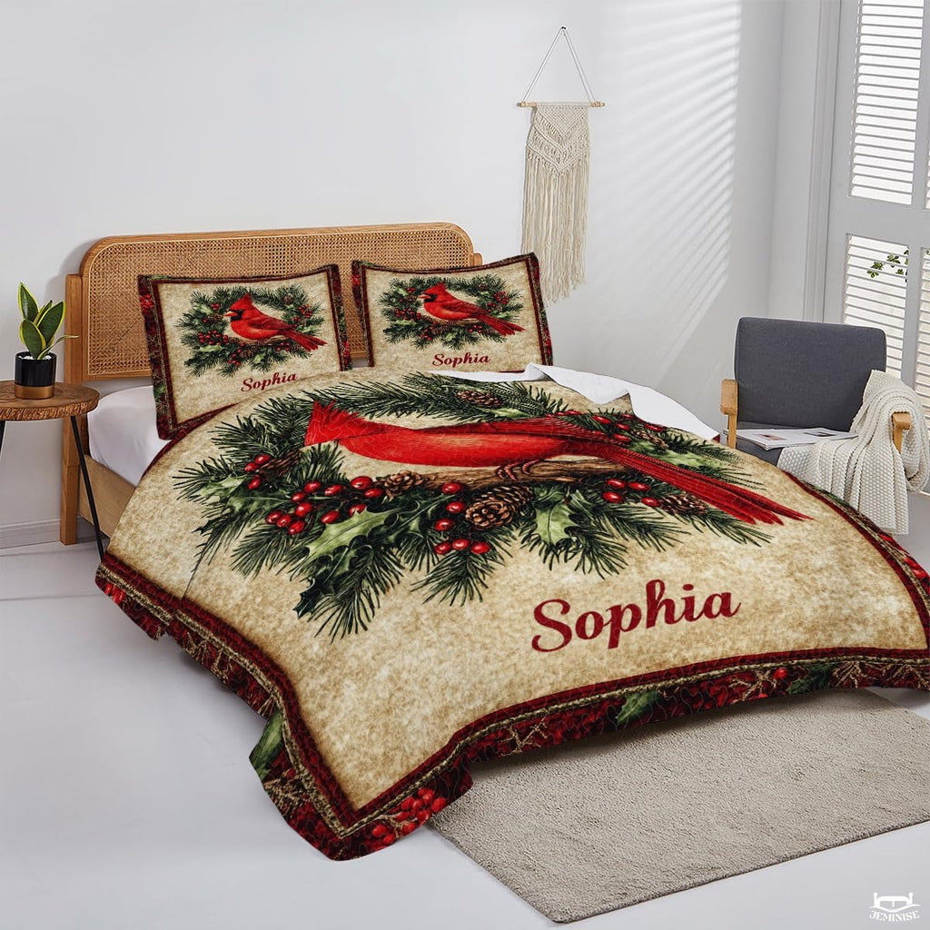 Christmas Cardinal Perched on Branch Within Wreath Patchwork Winter Quilt