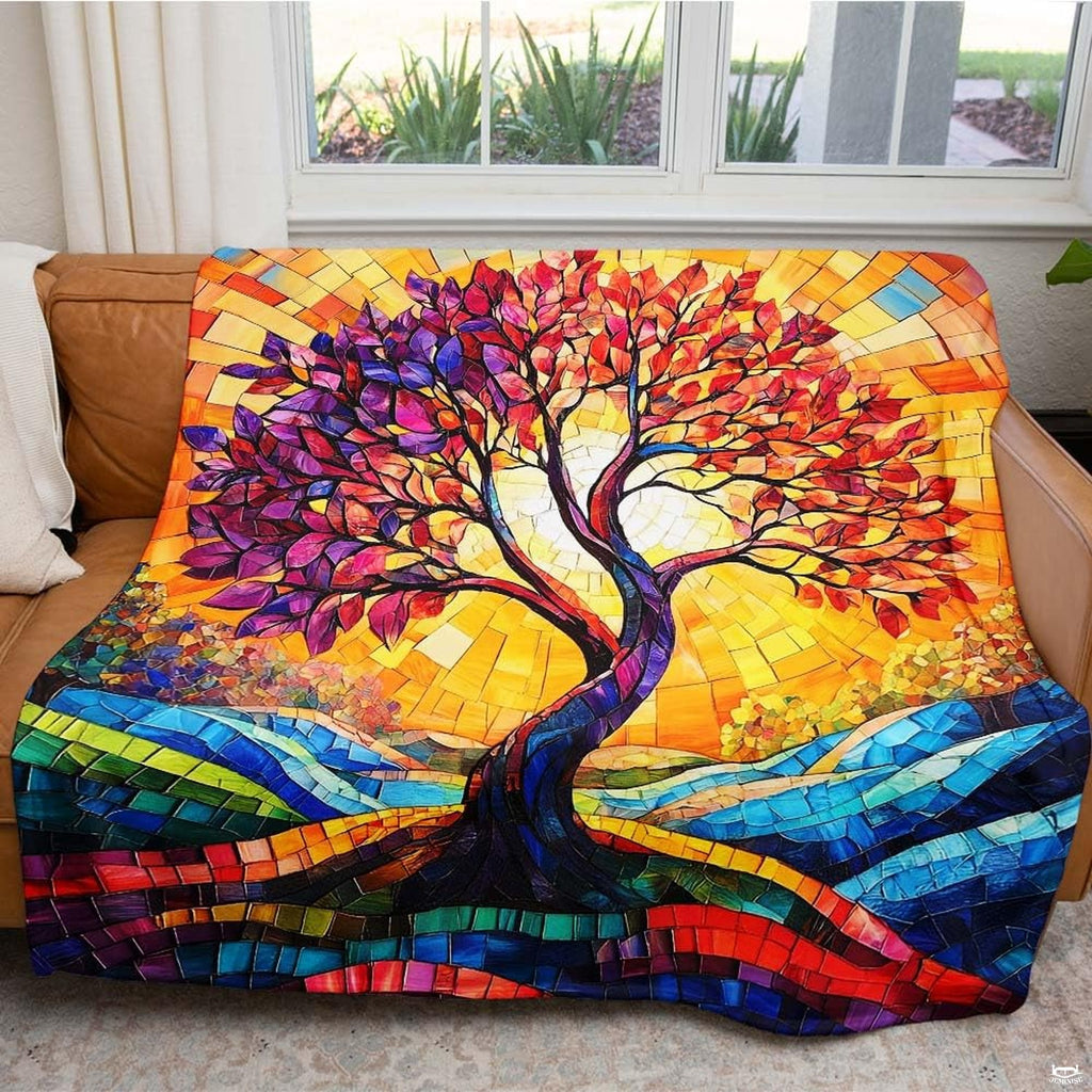 Stained glass mosaic tree of life colorful blanket showing mosaic design view 5