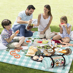 Cartoon couple by campfire and teardrop camper trailer on mint gingham, view 2.