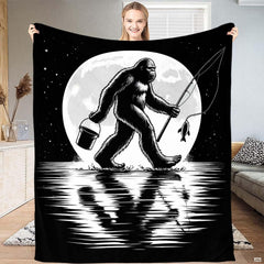 Monochrome illustration of Bigfoot fishing with rod and bucket under full moon on reflective lake, view 1.
