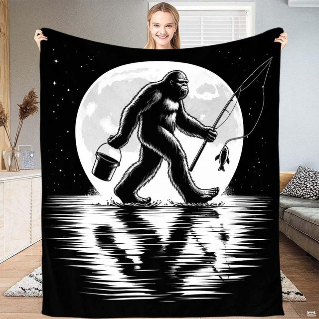 Monochrome illustration of Bigfoot fishing with rod and bucket under full moon on reflective lake, view 1.