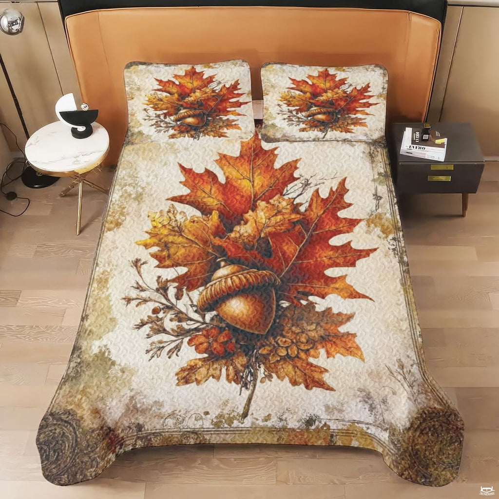 Vintage maple leaf autumn bedding set styled in an inviting seasonal guest bedroom atmosphere