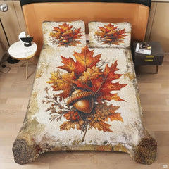 Vintage maple leaf autumn bedding set styled in an inviting seasonal guest bedroom atmosphere