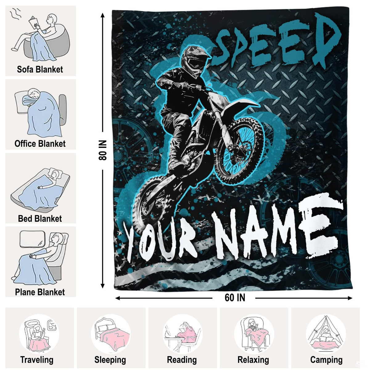 Bedroom display featuring extreme dirt bike motocross bedding set with cyan paint splatter highlights.