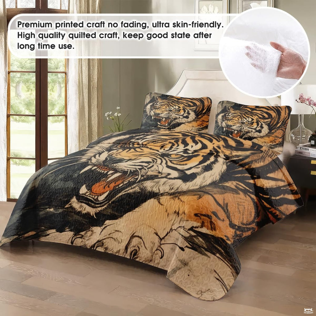 Lunging tiger illustration bedding displayed in a bright bedroom