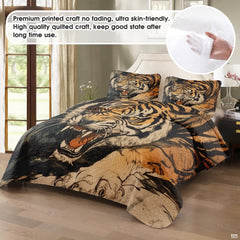 Lunging tiger illustration bedding displayed in a bright bedroom
