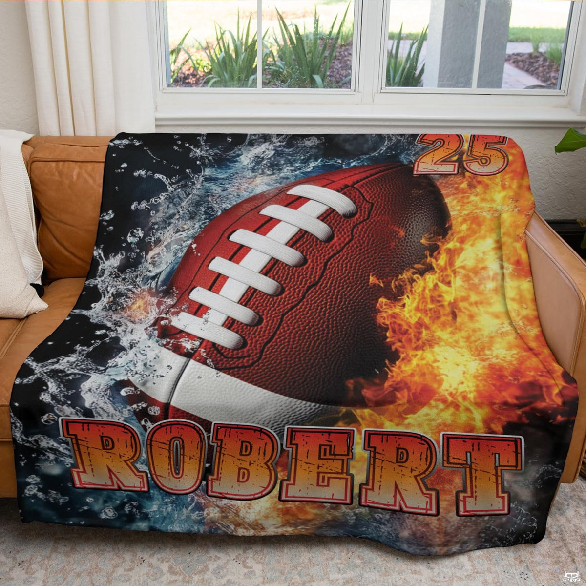 Stylized water droplet splash and roaring flame textures around an athletic football graphic.