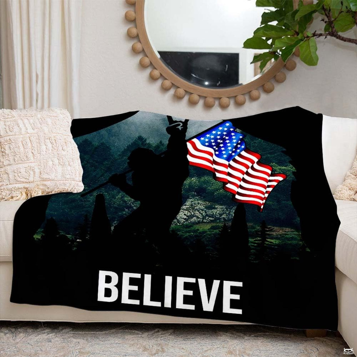 Pillow shams with waving national banner and evergreen tree landscape graphic.