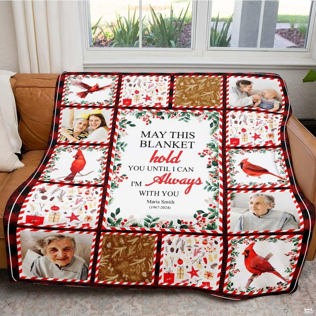 Winter cardinal and evergreen collage design resting on modern indoor seating