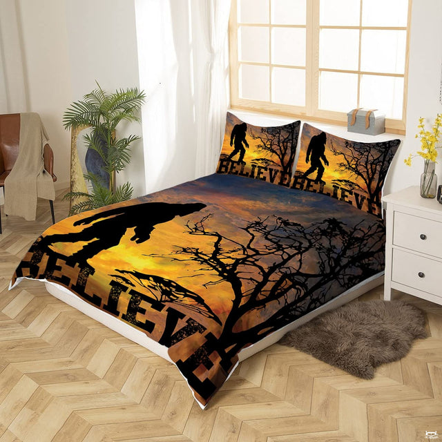 Close-up perspective of Bigfoot bedding showing detailed tree silhouettes and glowing sunset sky gradients