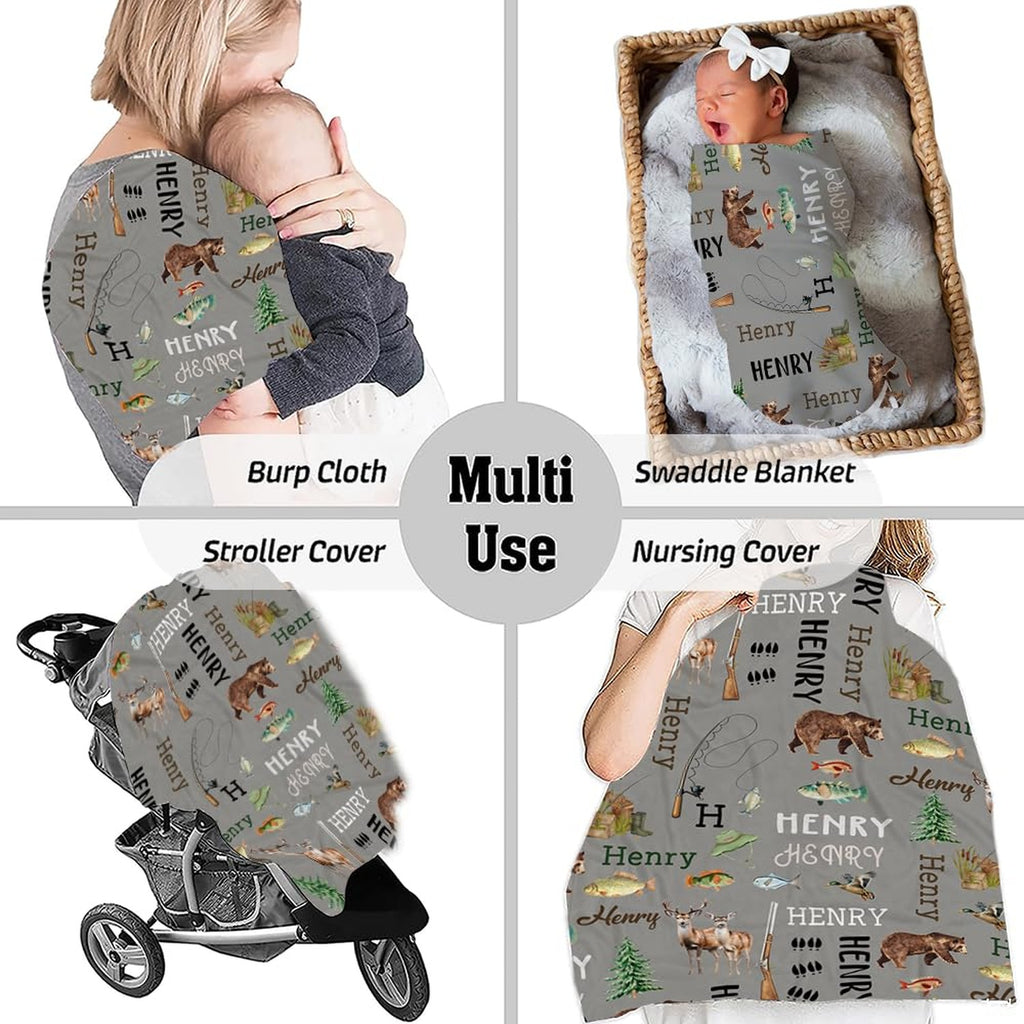 Hunting crib bedding set artwork with rustic outdoor boots, hats, and flying waterfowl.