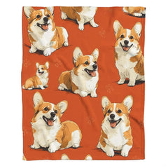 Close-up of cheerful Pembroke Welsh Corgi illustrations on thematic accent orange dog pattern bed sheets.