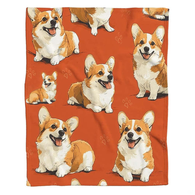 Close-up of cheerful Pembroke Welsh Corgi illustrations on thematic accent orange dog pattern bed sheets.