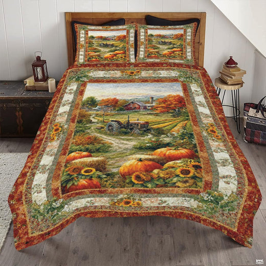 Farmhouse autumn leaf and pine bedding set featuring painterly fall foliage and goldenrod mustard tones