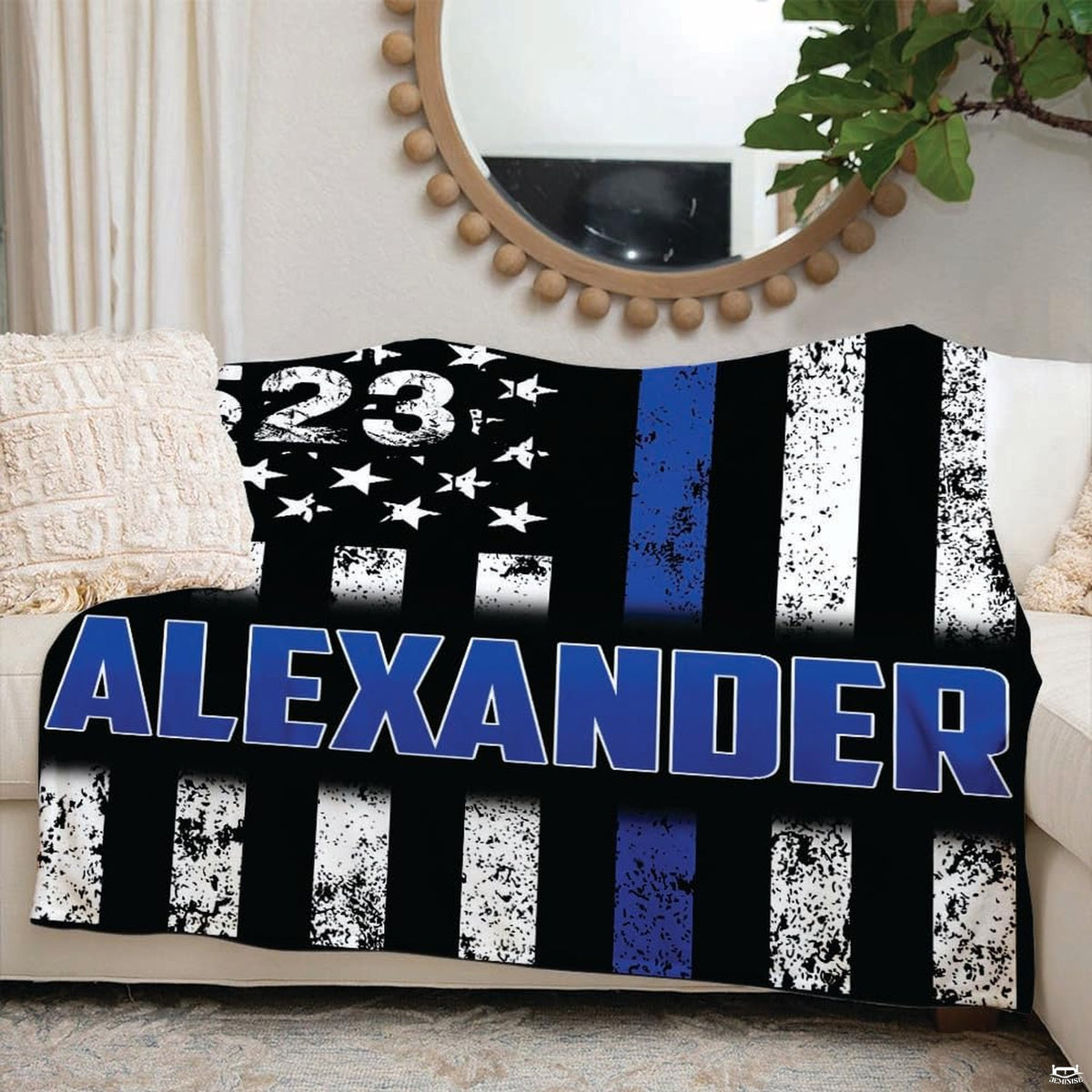 Vintage rustic flag print in black and slate hues with prominent blue centerpiece.