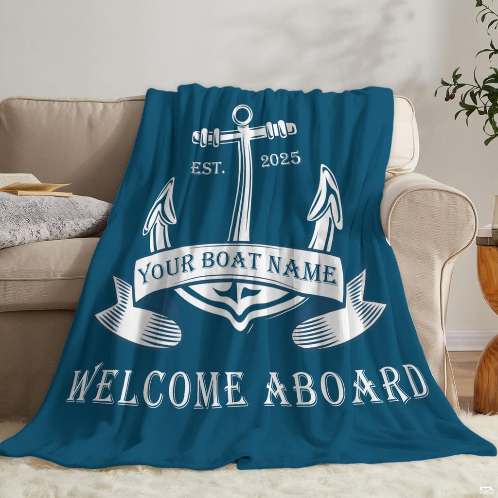 Side perspective showing crisp white graphics over rich navy on coastal blue bedding.