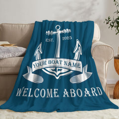 Side perspective showing crisp white graphics over rich navy on coastal blue bedding.