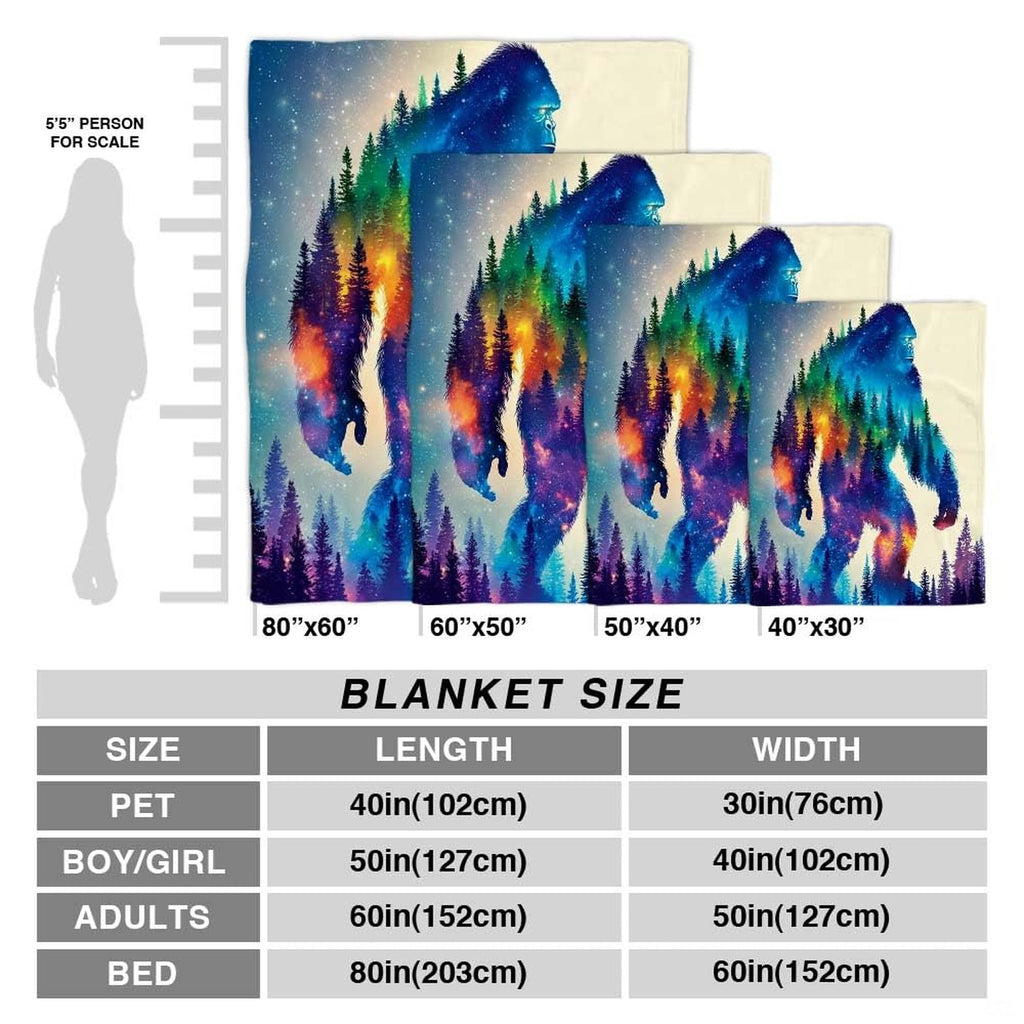 Cosmic Bigfoot throw blanket view 4 highlighting celestial galaxy art and pine forest silhouette detailing