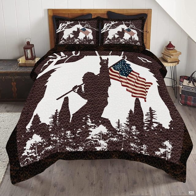 Rustic white Bigfoot American flag bedding set featuring an iconic Sasquatch silhouette and flag banner on a bed