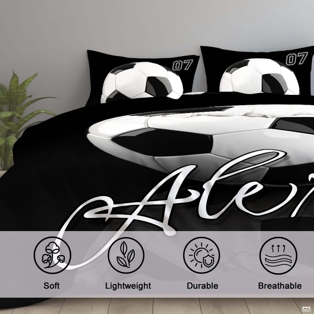 Folded corner view showing jet black and silver mist gridiron pattern on athletic bedding