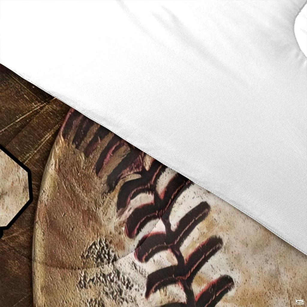 Folded presentation of baseball helmet bedding displaying sharp graphic clarity in terracotta and khaki tones
