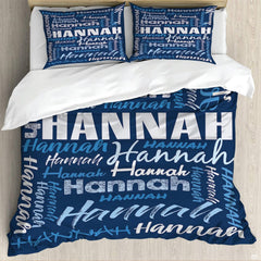 Blue typography bedding featuring an interlocking word collage of block and script lettering on navy backdrop