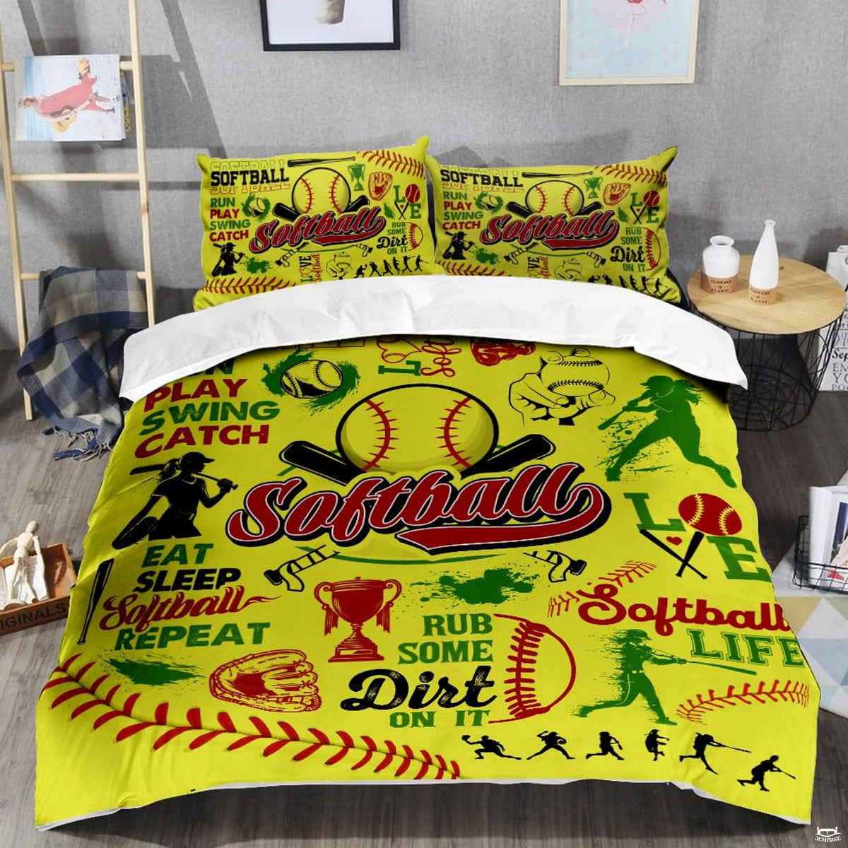 Close-up perspective of player action silhouettes, trophy emblem, and red laces on optic yellow bedding