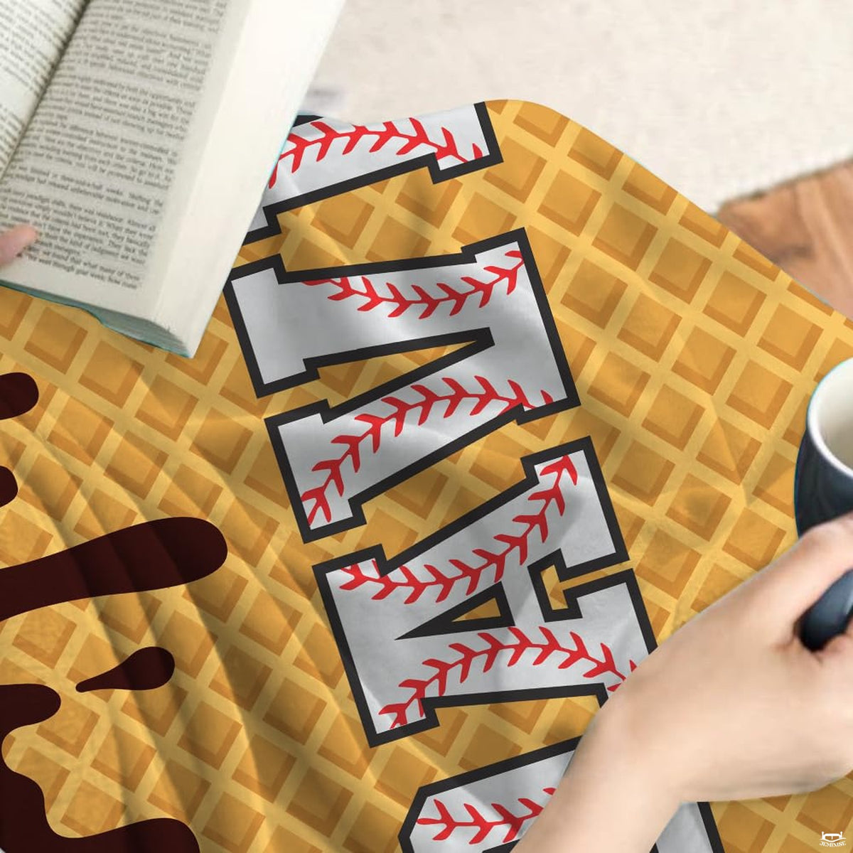 Waffle cone pattern with dripping chocolate and baseball-laced varsity lettering, view 4.