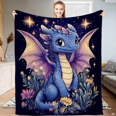 Baby blue dragon with lavender wings seated in a night wildflower meadow under sparkling golden stars.