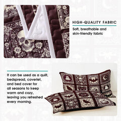 Artistic overhead view of gothic halloween bedding displaying ornate botanical frames and folklore horror motifs.