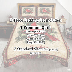 Christmas Cardinal Perched on Branch Within Wreath Patchwork Winter Quilt