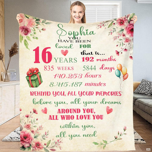 Sweet 16th birthday milestone throw blanket featuring numeric countdown typography and pink rose bouquets