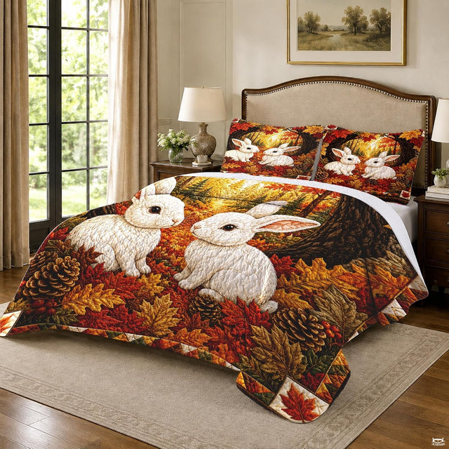 Close-up of white bunny rabbits and autumn foliage print on a seasonal bedding set