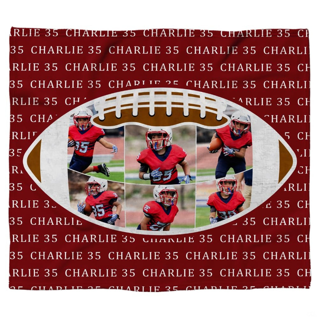 Youth gridiron athletic collage maroon blanket displayed against white background